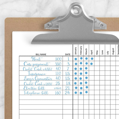 Printable Debt Snowball Sheet, Debt Payoff Plan, and Bill Payment Tracker Log - BUNDLE at Printable Planning. Close example of the bill payment sheet on a clipboard with writing. 
