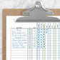 Printable Bill Payment Tracker Log with Amount Column, Blue Green, Full Year at Printable Planning. Example of page on a clipboard with writing.