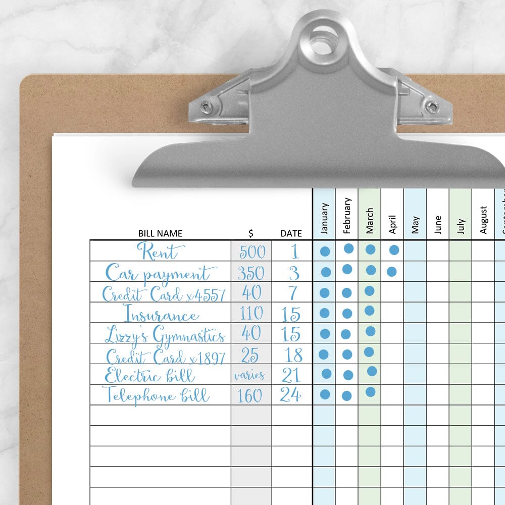 Printable Bill Payment Tracker Log with Amount Column, Blue Green, Full Year at Printable Planning. Example of page on a clipboard with writing.