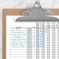Printable Financial BUNDLE: Budget Worksheet, Bill Payment, Debt Payoff Plan at Printable Planning. Closer view of the bill payment page on a clipboard with writing. 