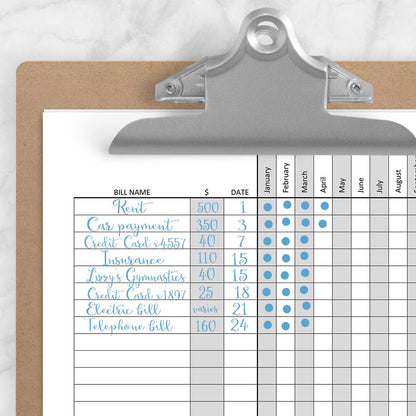 Printable Financial BUNDLE: Budget Worksheet, Bill Payment, Debt Payoff Plan at Printable Planning. Closer view of the bill payment page on a clipboard with writing. 