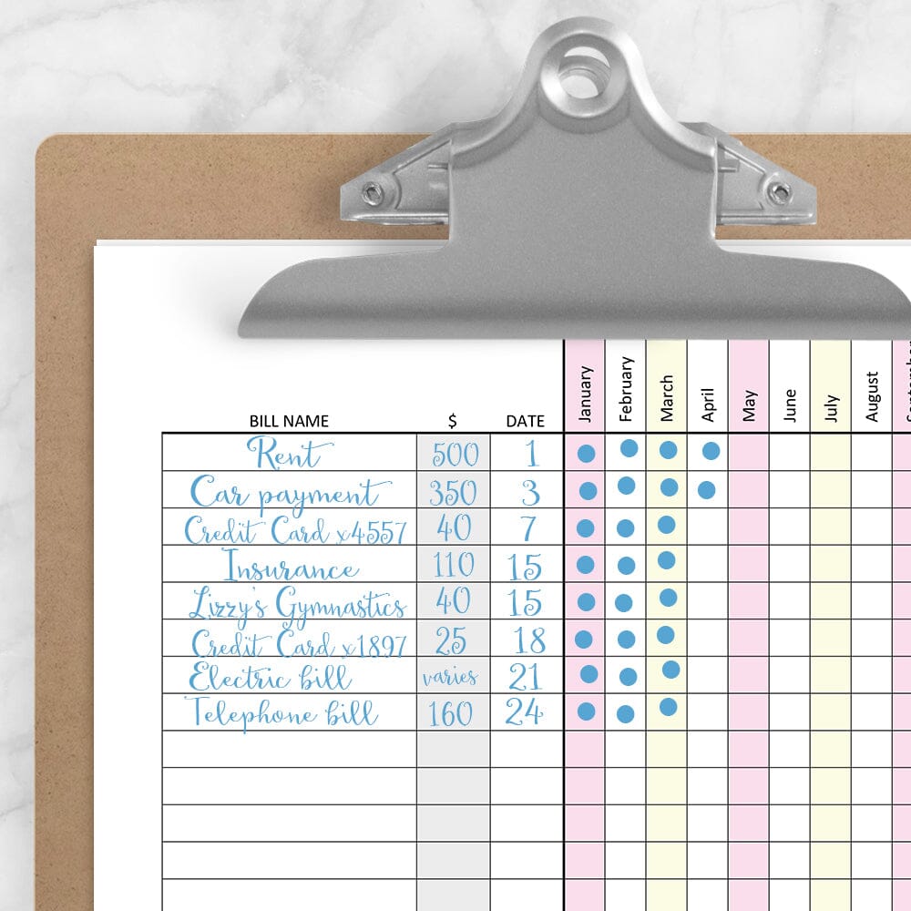 Printable Bill Payment Tracker Log with Amount Column, Pink Yellow, Full Year at Printable Planning. Example of page on a clipboard with writing.