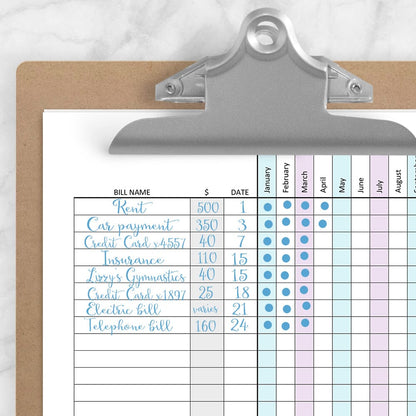 Printable Bill Payment Tracker Log with Amount Column, Turquoise Purple, Full Year page at Printable Planning. Example of page on clipboard with writing.