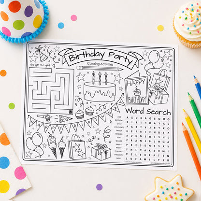 Birthday Party Coloring Activity Sheet - Printable Kids Party PDF shown on a table with colored pencils and party supplies and treats.