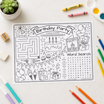 Birthday Party Coloring Activity Sheet - Printable Kids Party PDF shown on a table with colored pencils and other art supplies.