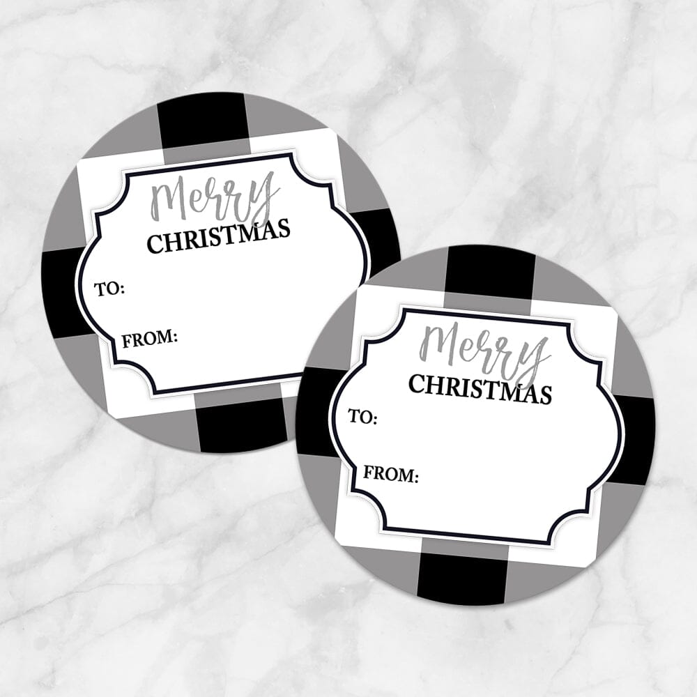 Printable Black and White Buffalo Plaid Gift Tag Stickers at Printable Planning. Example of 2 stickers.