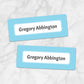 Printable Blue Border Name Labels for School Supplies at Printable Planning. Example of 2 labels.