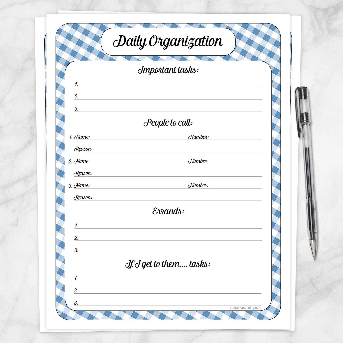 Printable Blue Gingham Daily Organization Category Task Sheet at Printable Planning.