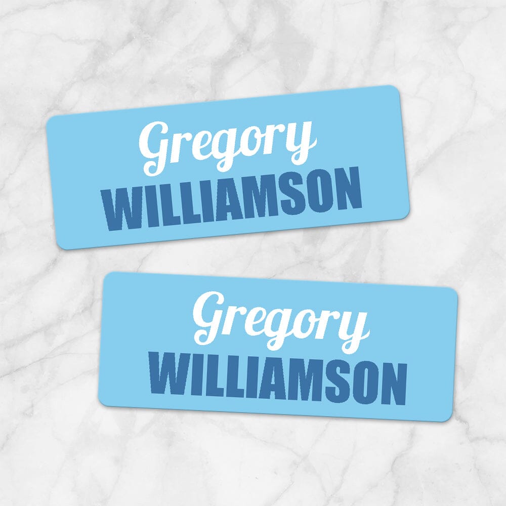 Printable Blue Name Labels for School Supplies at Printable Planning. Example of 2 labels.