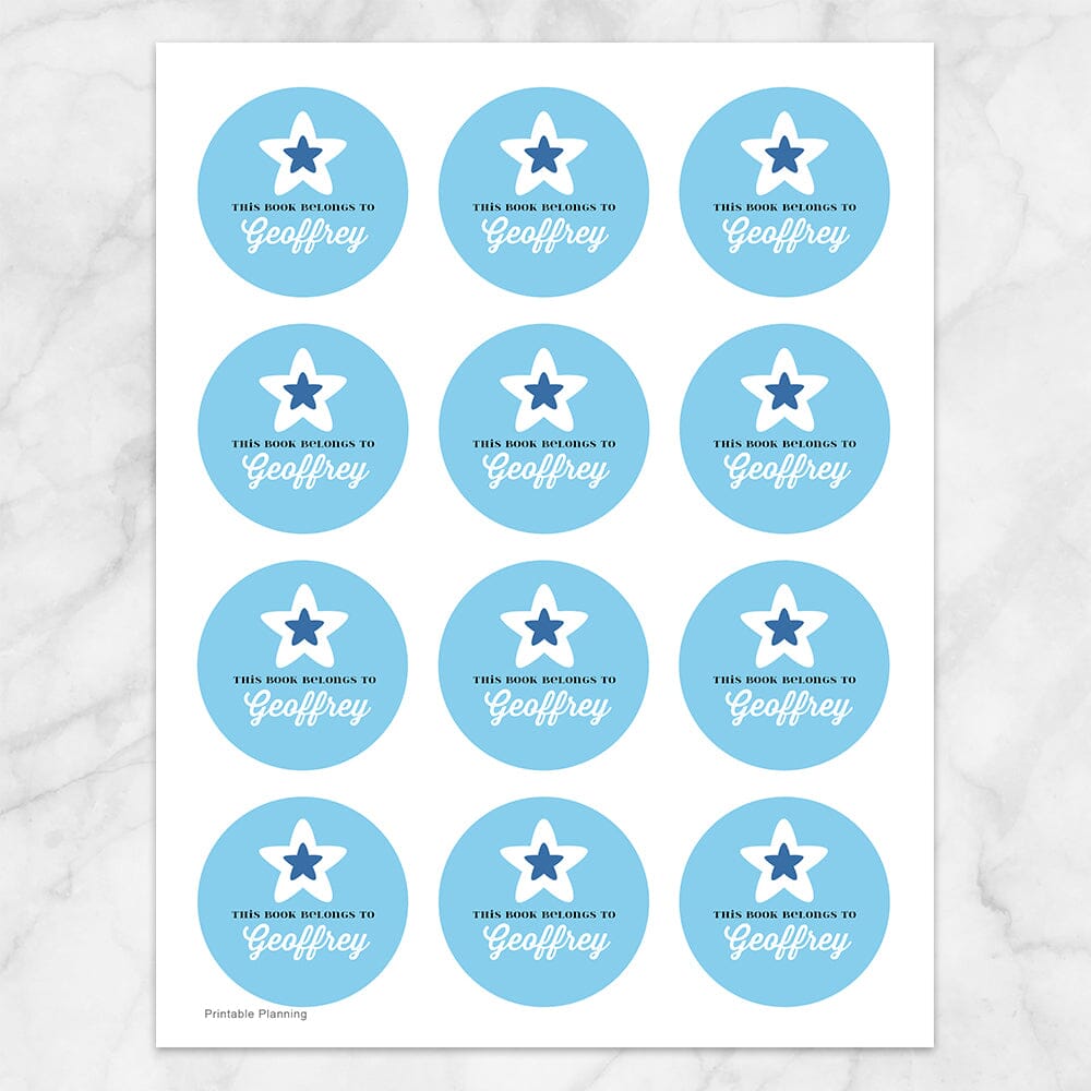 Printable Blue Star Personalized Bookplate Stickers at Printable Planning. Sheet of 12 stickers.