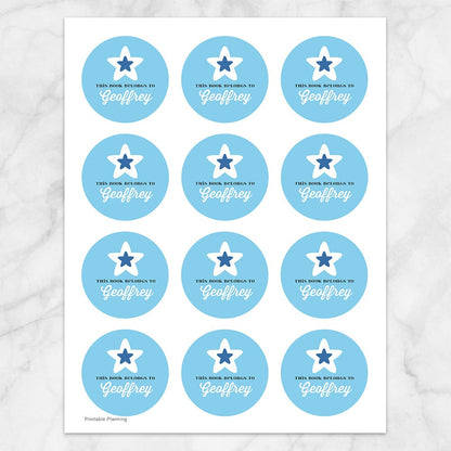 Printable Blue Star Personalized Bookplate Stickers at Printable Planning. Sheet of 12 stickers.
