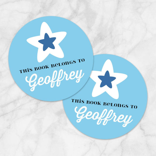 Printable Blue Star Personalized Bookplate Stickers at Printable Planning. Example of 2 stickers.