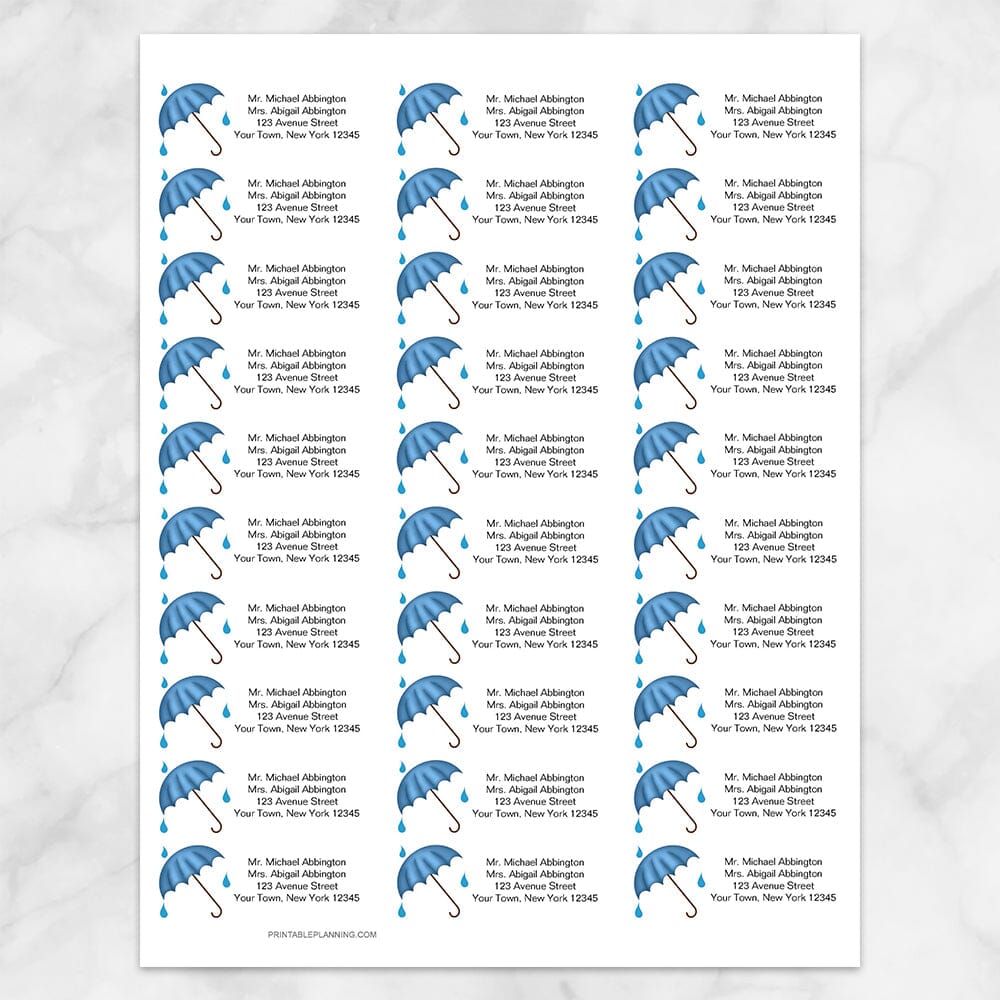 Printable Blue Umbrella Shower Address Labels at Printable Planning. Sheet of 30 labels.