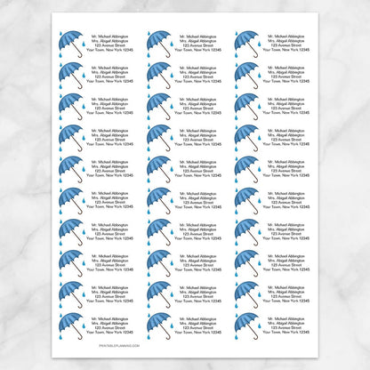 Printable Blue Umbrella Shower Address Labels at Printable Planning. Sheet of 30 labels.