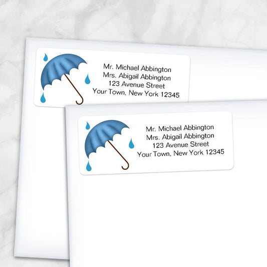 Printable Blue Umbrella Shower Address Labels at Printable Planning. Shown on envelopes.