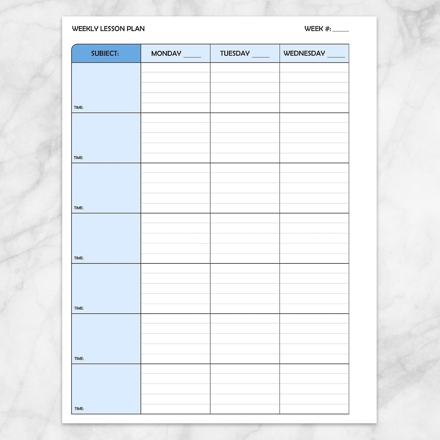 Printable Blue Weekly Lesson Plan for Teachers, School Planning Pages (left side, back page) at Printable Planning.