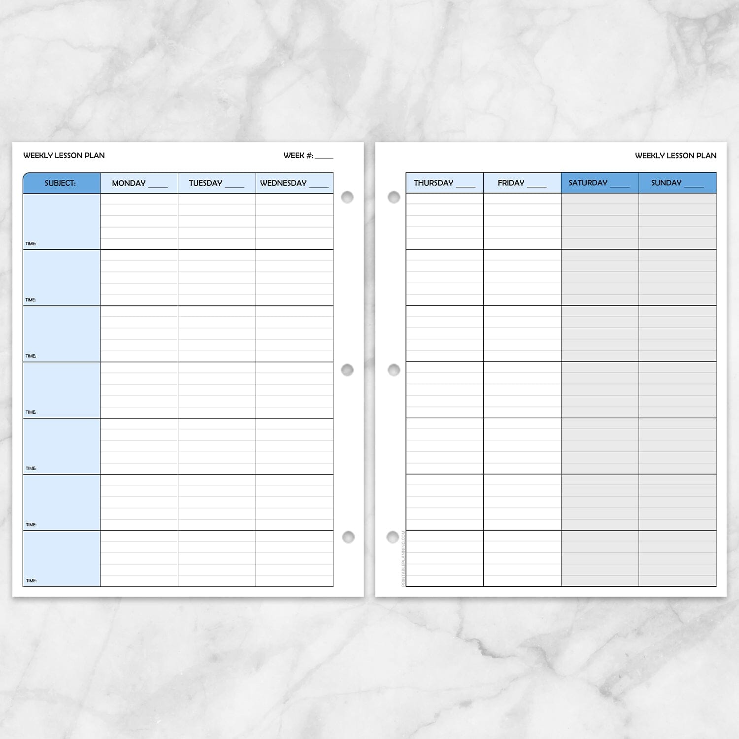 Printable Blue Weekly Lesson Plan for Teachers, School Planning Pages at Printable Planning. Front and back, facing pages, with 3-hole punch example.