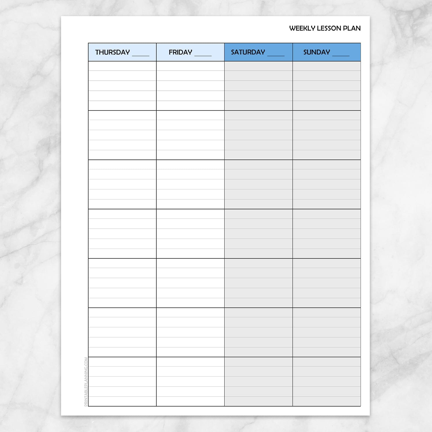 Printable Blue Weekly Lesson Plan for Teachers, School Planning Pages (right side, front page) at Printable Planning.
