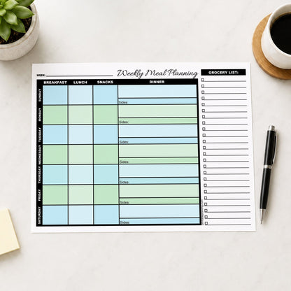 A printed Blue Green Weekly Meal Planner with Grocery List (printable page) shown on a table with a plant, notes, coffee, and a pen.