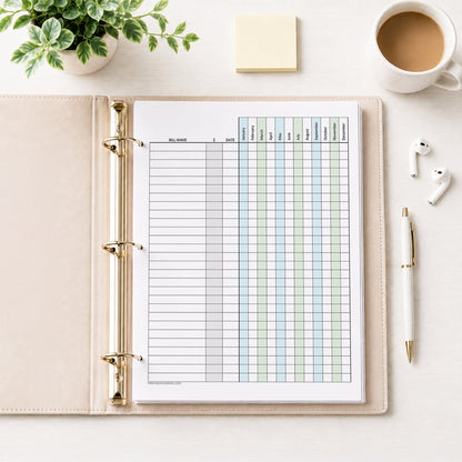 Blue Green Yearly Bill Payment Tracker with Amount Column (printable page) shown in a beige binder on a desk with earbuds, a plant, coffee, notes, and a pen.