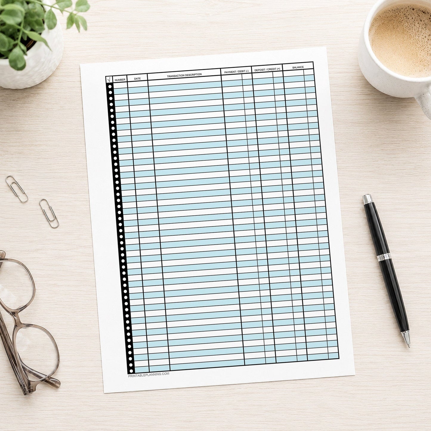 Blue Printable Check Register - Full-Page Transaction Tracker