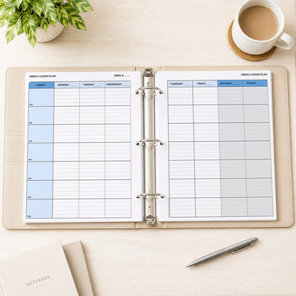 Two front and back printed Blue Weekly Lesson Plan Pages for Teachers (printable) pages shown in a beige binder on a desk with a plant, coffee, notebooks, and a pen.