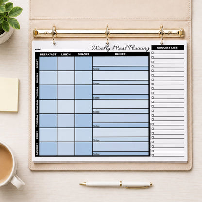 A printed Blue Weekly Meal Planner with Grocery List (printable page) shown in a beige binder on a table with a plant, coffee, sticky notes, and a pen.