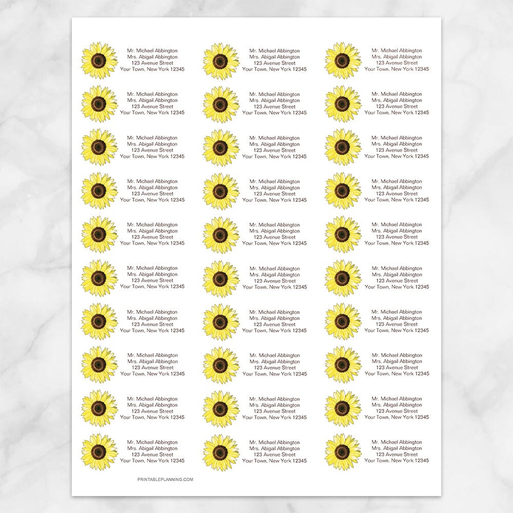 Printable Bright Happy Yellow Sunflower Address Labels at Printable Planning. Sheet with 30 labels.