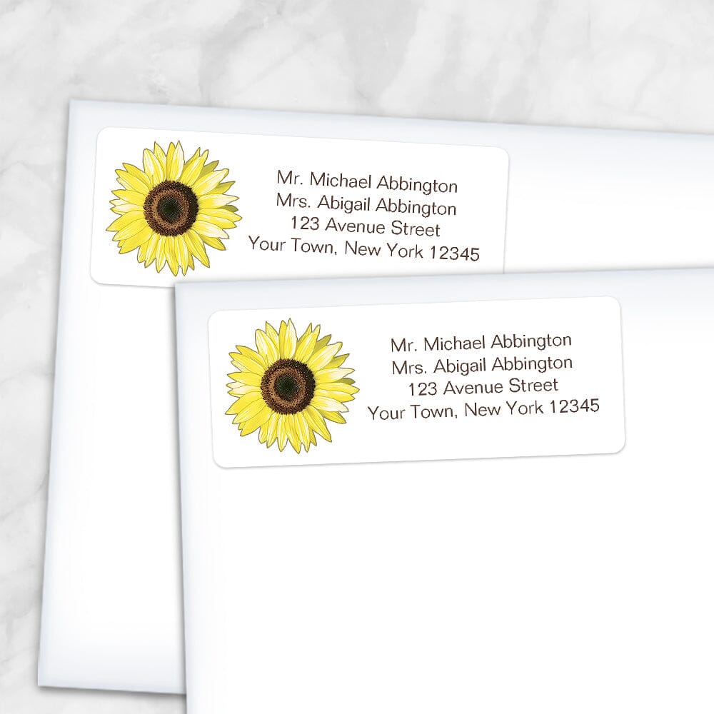 Printable Bright Happy Yellow Sunflower Address Labels at Printable Planning. Shown on envelopes.