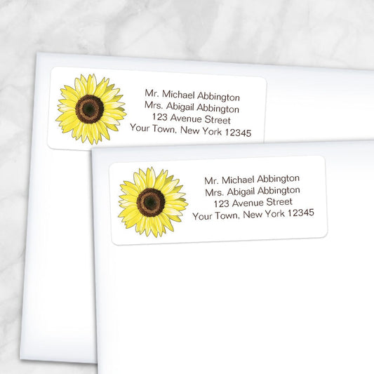 Printable Bright Happy Yellow Sunflower Address Labels at Printable Planning. Shown on envelopes.