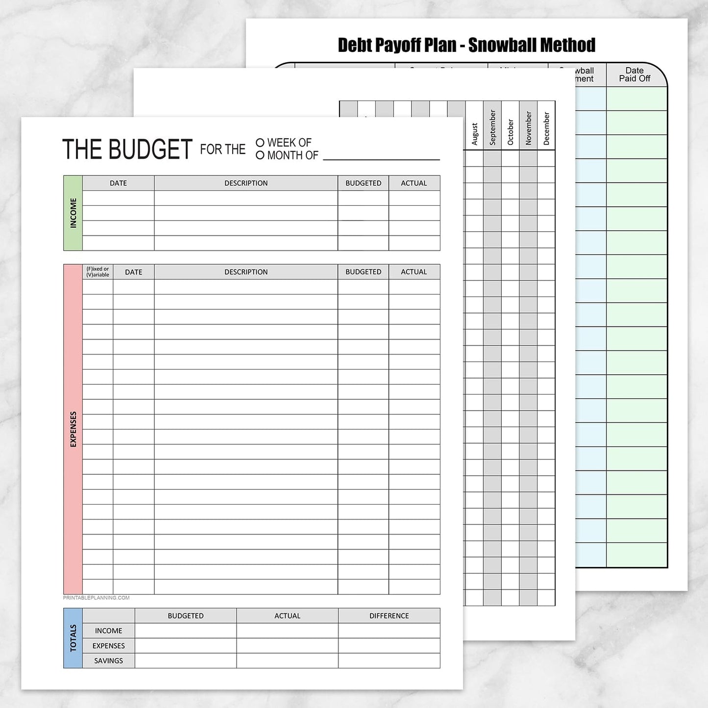 The three pages of the printable Financial Planning Bundle with Budget, Bill Tracker & Debt Payoff shown on a marble surface.