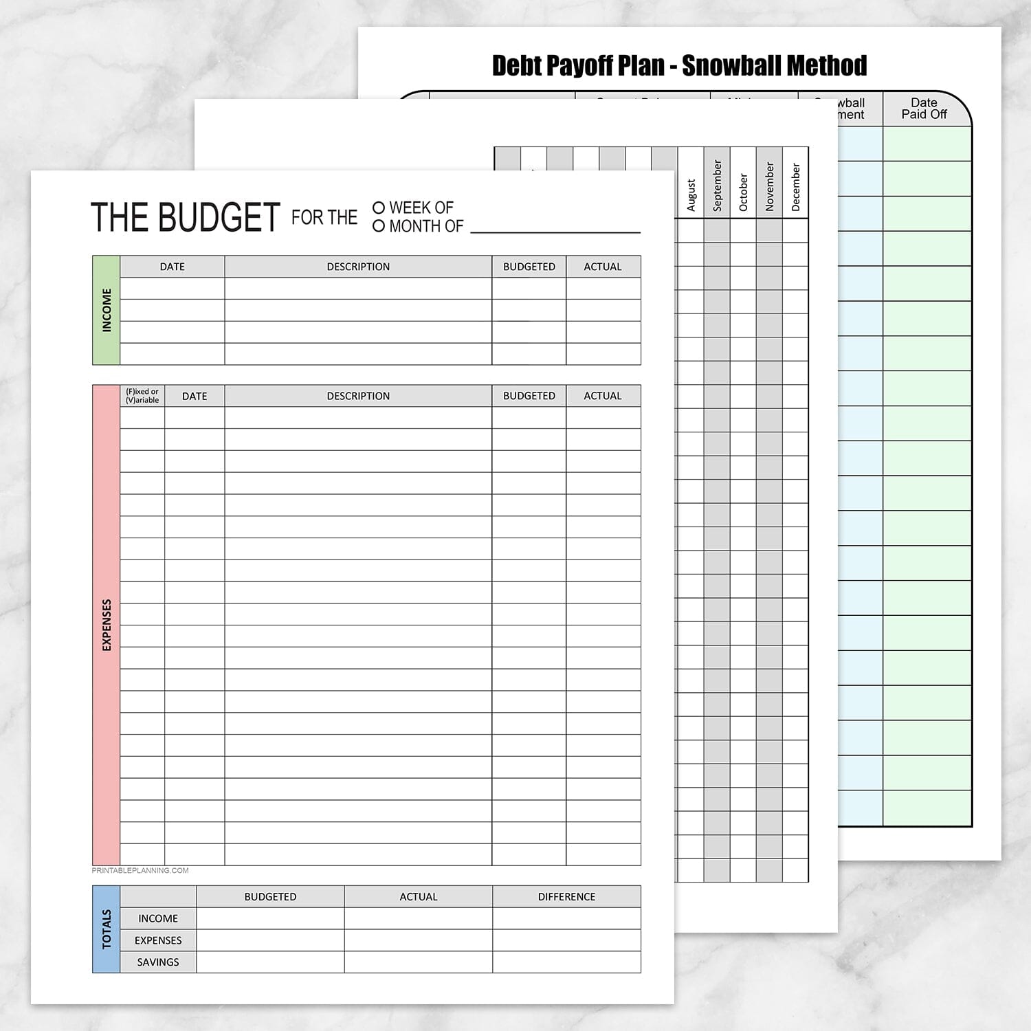 The three pages of the printable Financial Planning Bundle with Budget, Bill Tracker & Debt Payoff shown on a marble surface.