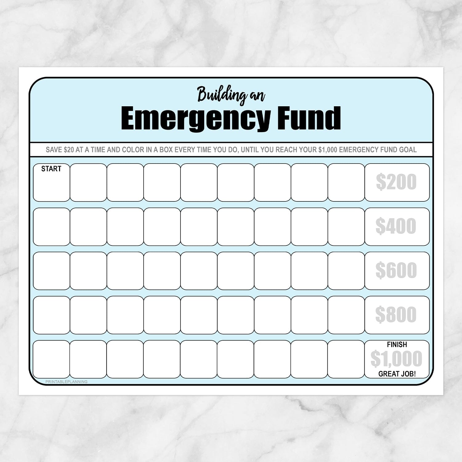 Printable Building an Emergency Fund Worksheet in Blue (by $20 increments) at Printable Planning.