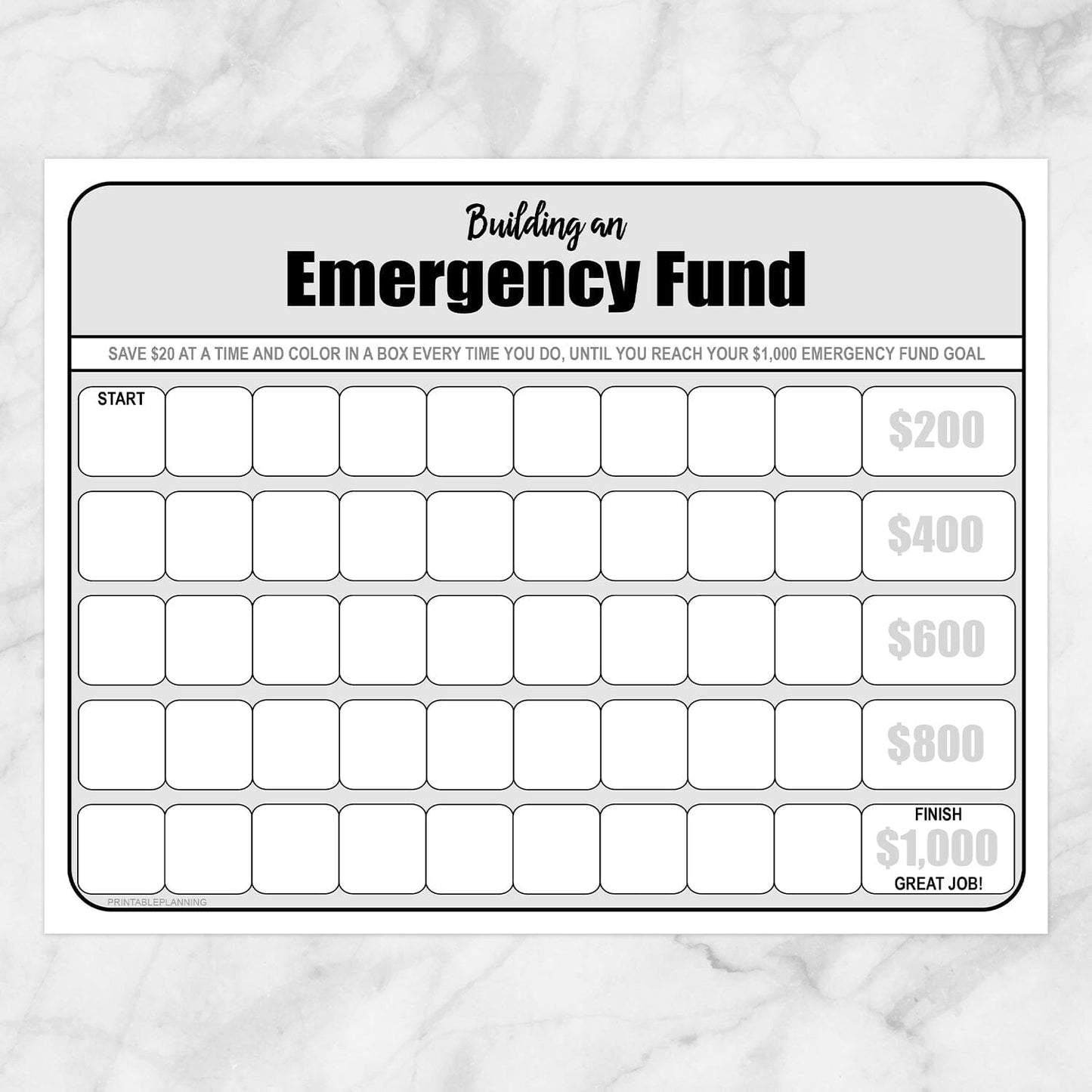 Printable Emergency Fund worksheet (saving by $20s) at Printable Planning.