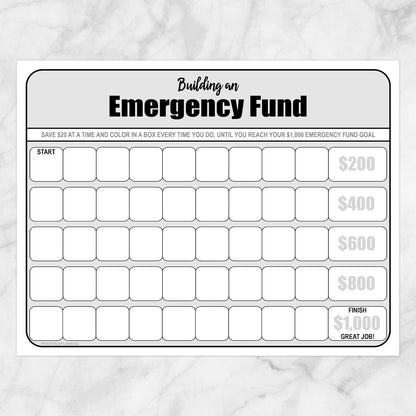 Printable Emergency Fund worksheet (saving by $20s) at Printable Planning.