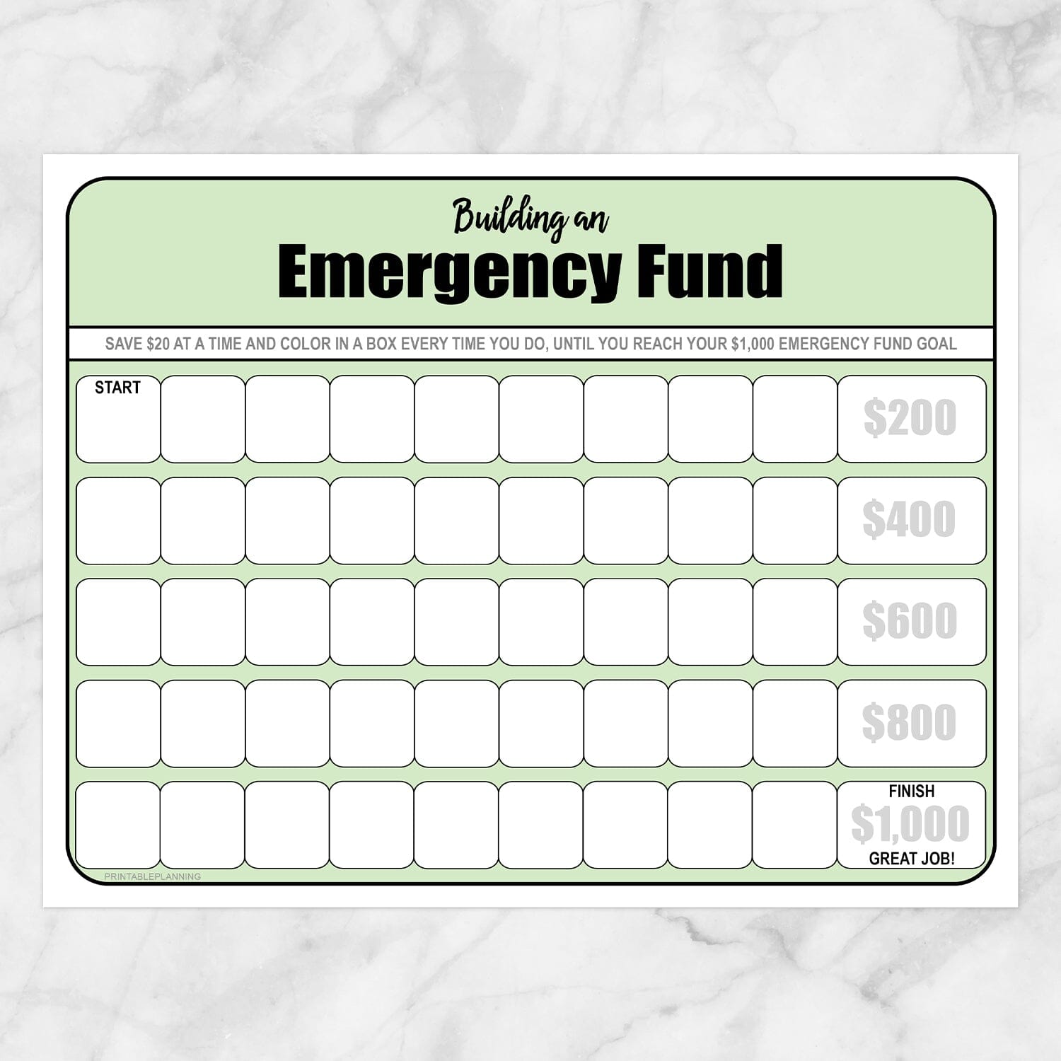 Printable Building an Emergency Fund Worksheet in Green (by $20 increments) at Printable Planning.