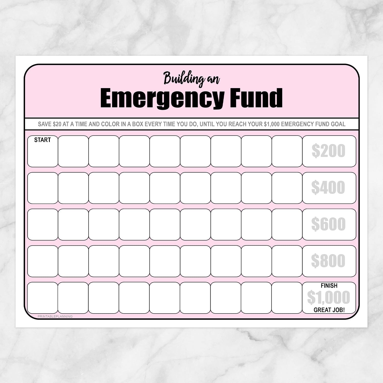 Printable Building an Emergency Fund Worksheet in Pink (by $20 increments) at Printable Planning.