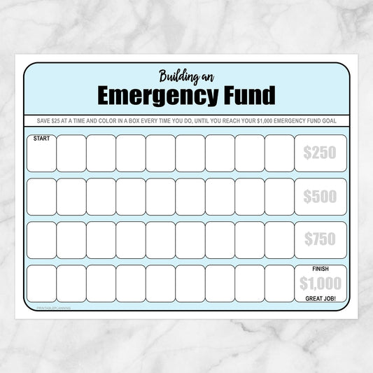 Printable Building an Emergency Fund Worksheet in Blue (by $25 increments) at Printable Planning.