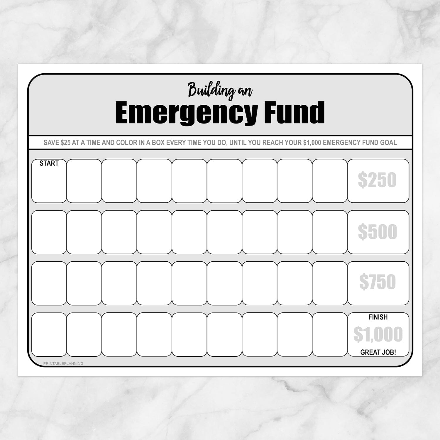 Printable Emergency Fund worksheet (saving by $25s) at Printable Planning.