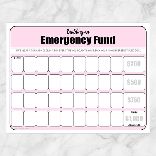 Printable Building an Emergency Fund Worksheet in Pink (by $25 increments) at Printable Planning.