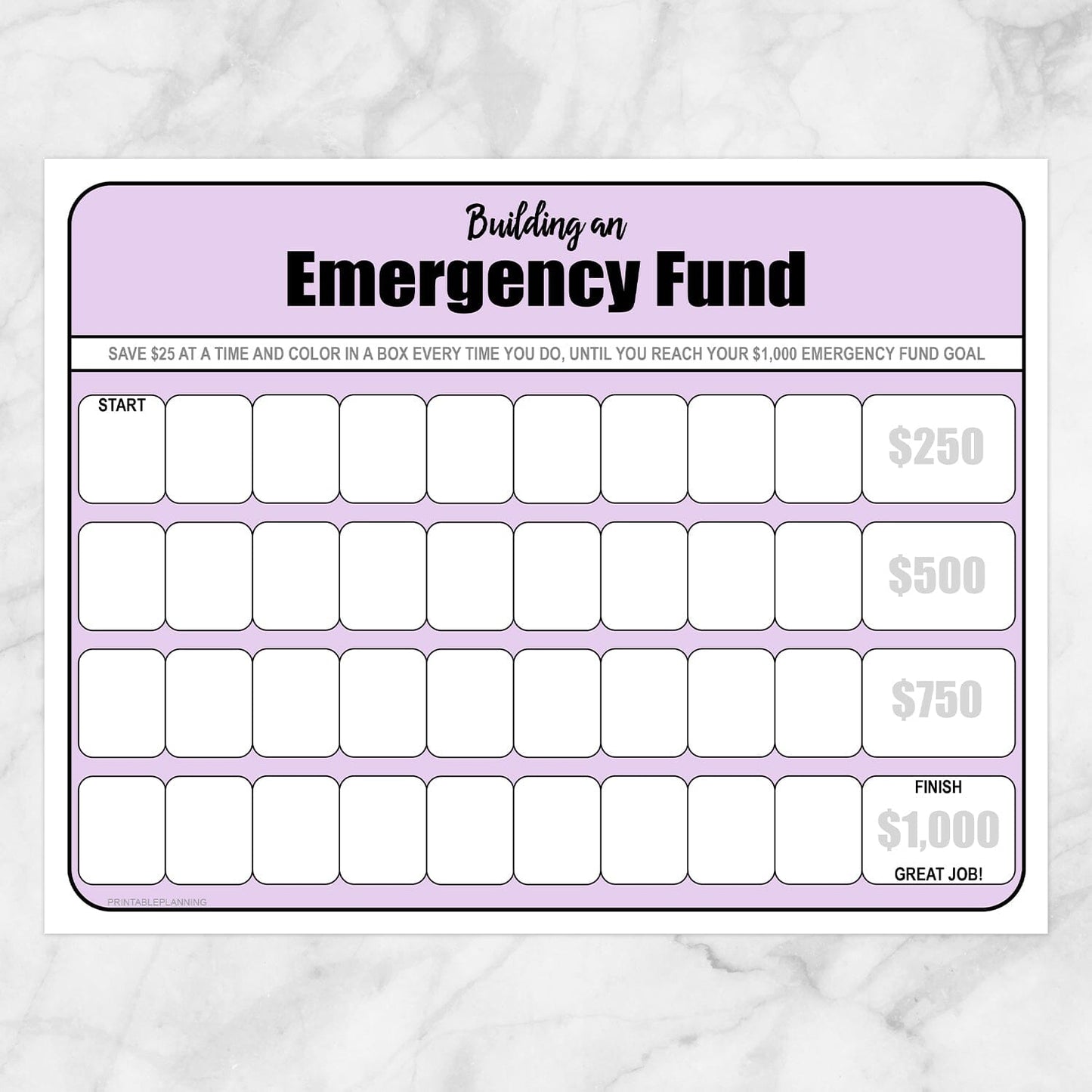 Printable Building an Emergency Fund Worksheet in Purple (by $25 increments) at Printable Planning.