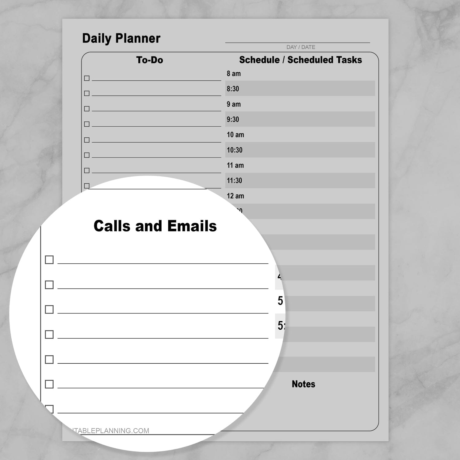 Zoomed in on the Calls and Emails part of the Printable Business Daily Planner with To-Do List and Schedule
