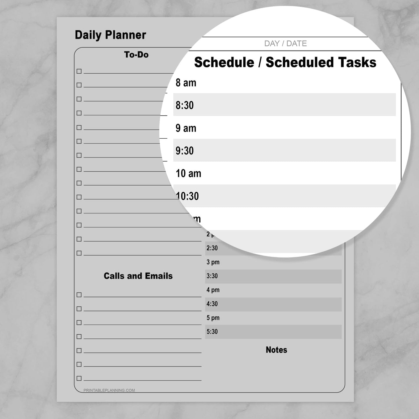 Zoomed in on the Schedule or Scheduled Tasks part of the Printable Business Daily Planner with To-Do List and Schedule