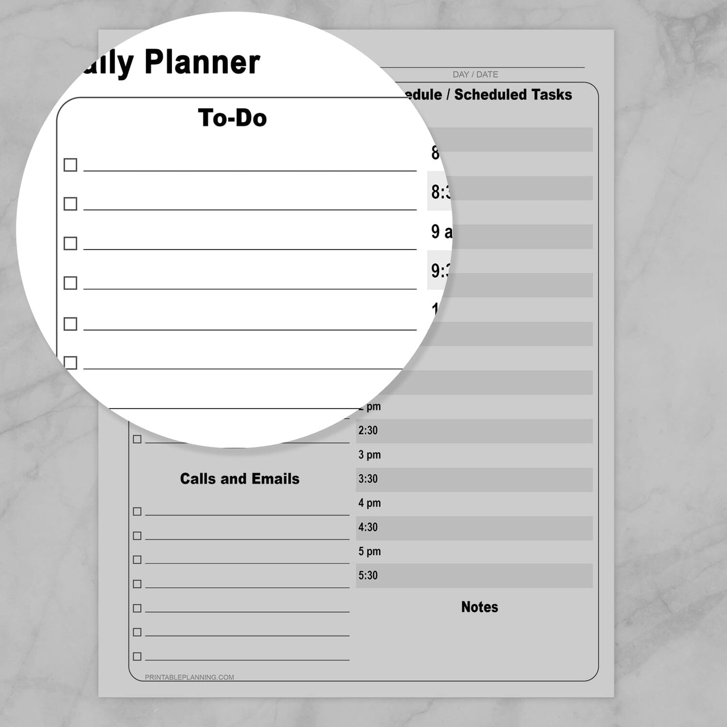 Zoomed in on the To-Do List part of the Printable Business Daily Planner with To-Do List and Schedule