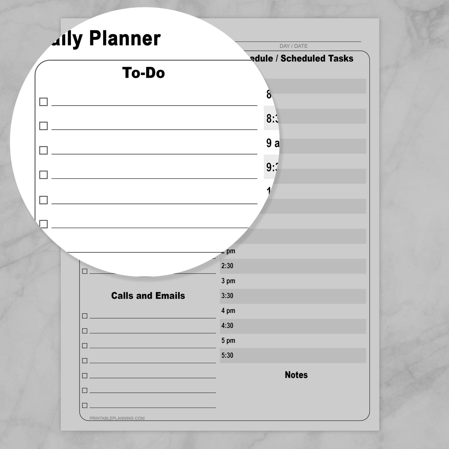 Zoomed in on the To-Do List part of the Printable Business Daily Planner with To-Do List and Schedule