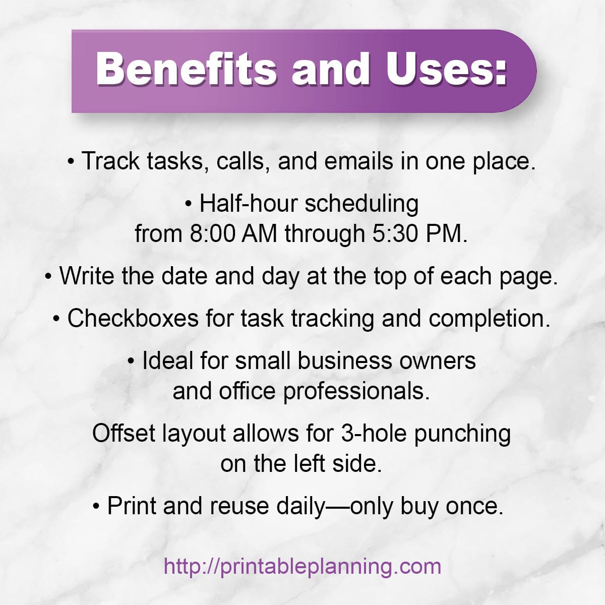 List of benefits and uses for a planning tool on a white background with purple accents.