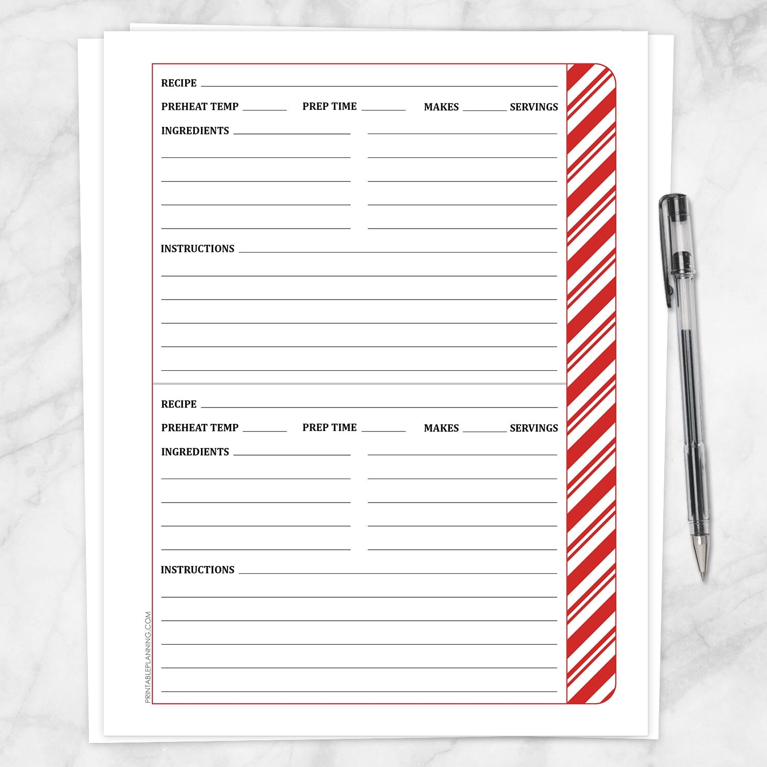 Printable Candy Cane Stripe Christmas Recipe Pages - Front and Back (front side) at Printable Planning.