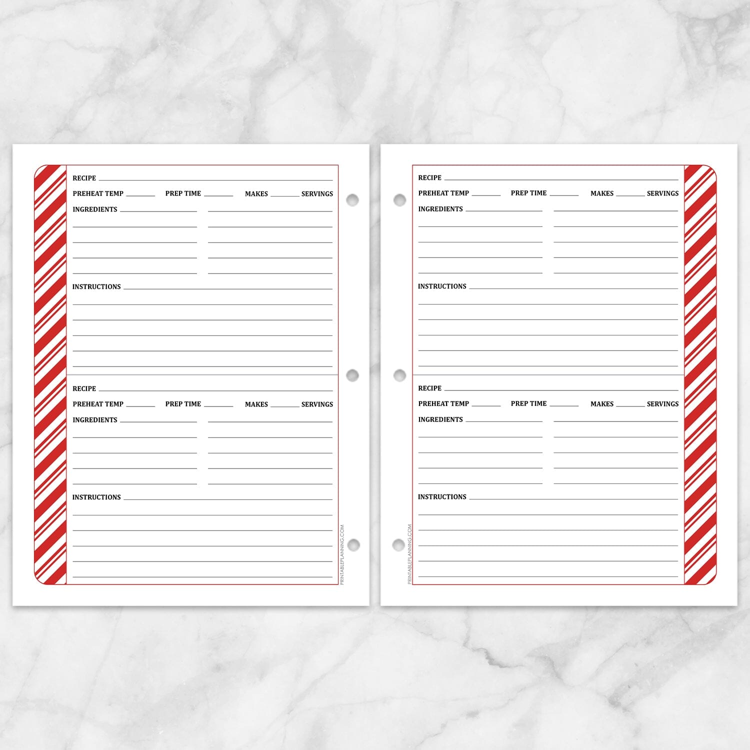 Printable Candy Cane Stripe Christmas Recipe Pages - Front and Back at Printable Planning.