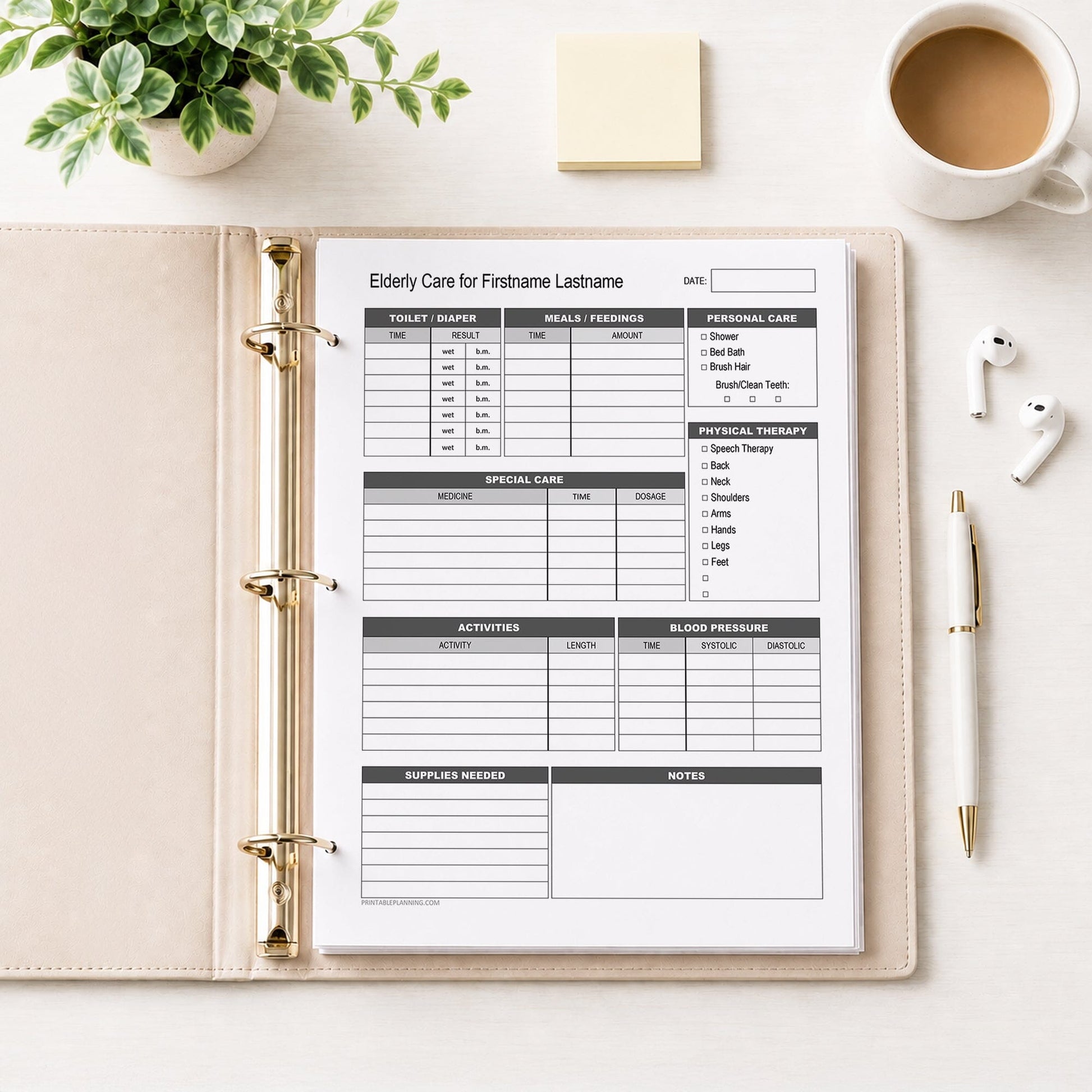 An open beige ring binder showing a printed Caregiver Daily Log for Elderly Care - Printable Care Tracking Sheet, styled on a light desk with a coffee cup, earbuds, a pen, and a small plant.