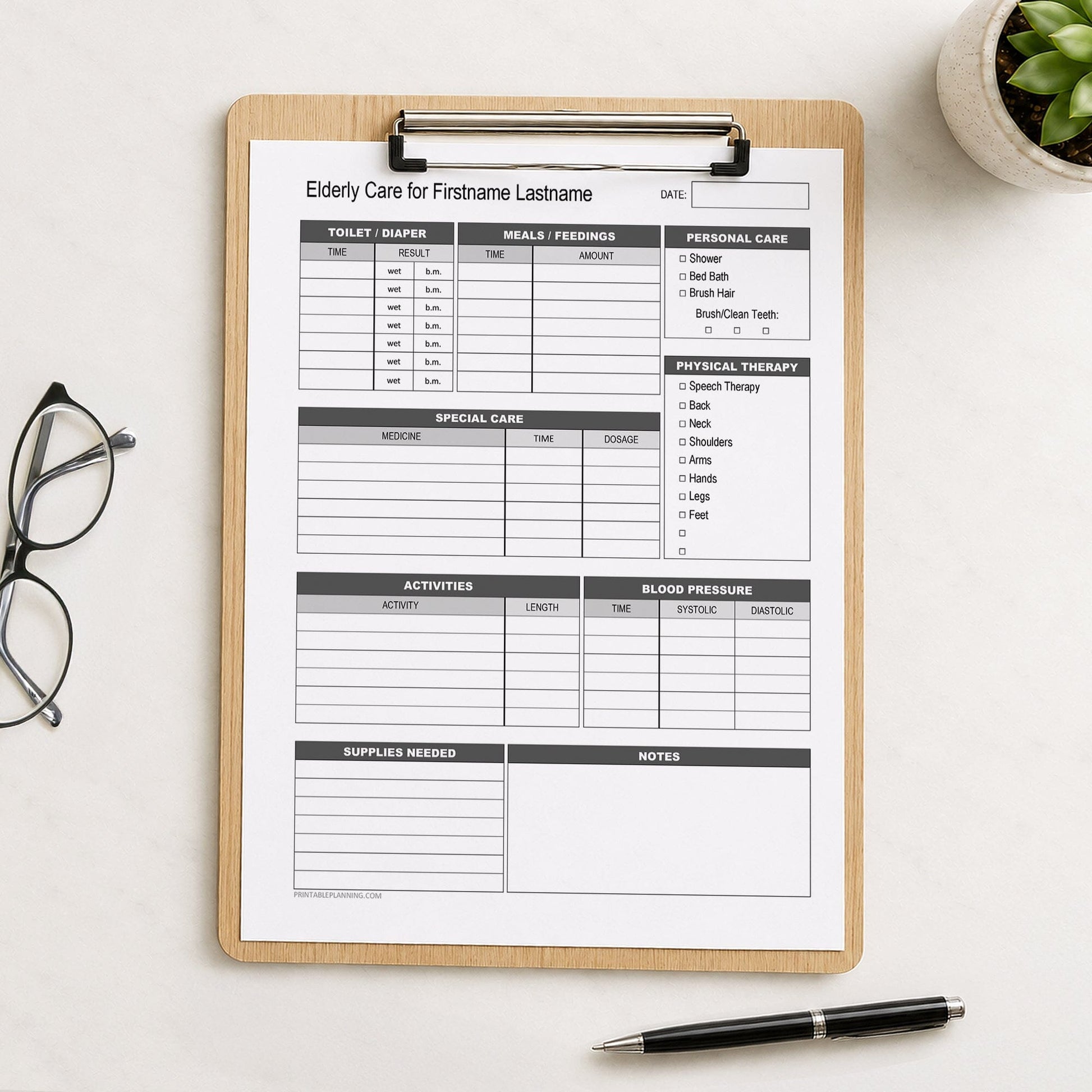 A wooden clipboard holding a printed Caregiver Daily Log for Elderly Care - Printable Care Tracking Sheet, styled on a light desk surface with a small potted succulent, eyeglasses, and a black pen nearby.